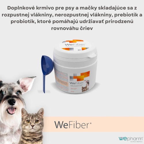 Doplnkové krmivo pre psy a mačky skladajúce sa z rozpustnej vlákniny, nerozpustnej vlákniny, prebiotík a probiotík, ktoré pomáhajú udržiavať prirodzenú rovnováhu čriev